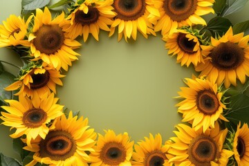 Frame made of beautiful sunflowers on green background, with space for text concept of Mother Day, Women Day