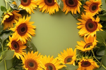 Frame made of beautiful sunflowers on green background, with space for text concept of Mother Day, Women Day