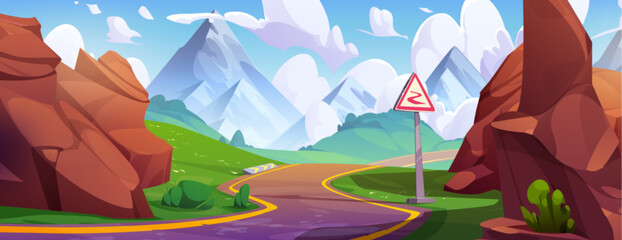 Curvy road in mountain valley. Vector cartoon illustration of winding highway between stones with warning traffic sign, rocky landscape on horizon, green grass on hills, clouds in blue sunny sky