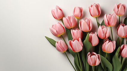 Top view of tulips on a white background.