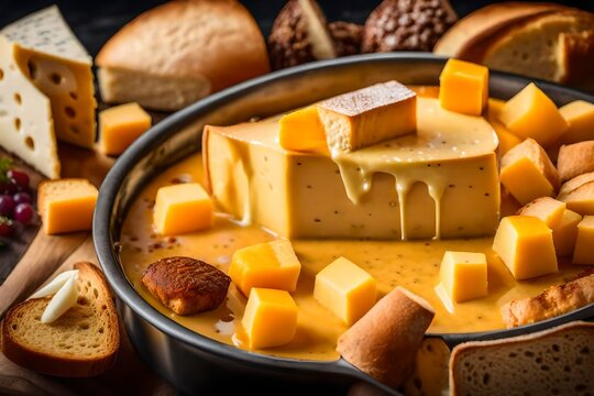 A close-up shot of a boiling cheese fondue surrounded by bread cubes