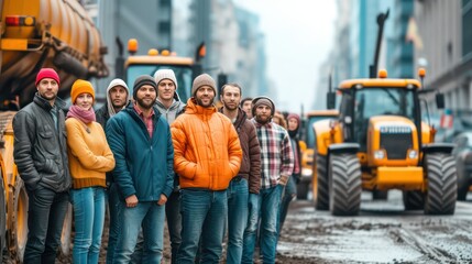 Cheerful male workers standing by tractor at factory