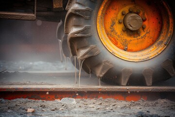 A tractor driving with mud underneath its wheels. Environmental awareness. Climate. A tire of the tractor in mud. Machinery. A truck in dirt. Farm. Drips of mud under the wheel. Muddy field. Splashes - obrazy, fototapety, plakaty