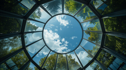 Glass dome with a view of sky and trees.