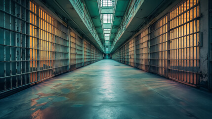 Desolate prison corridor with barred cells.