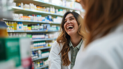 Laughing woman in a pharmacy.