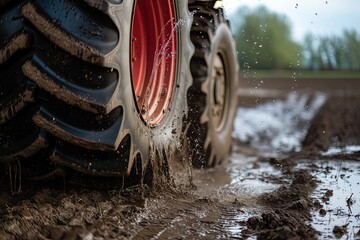 A tractor driving with mud underneath its wheels. Environmental awareness. Climate. A tire of the...