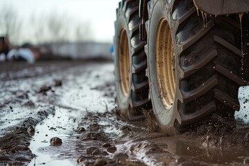 A tractor driving with mud underneath its wheels. Environmental awareness. Climate. A tire of the tractor in mud. Machinery. A truck in dirt. Farm. Drips of mud under the wheel. Muddy field. Splashes - obrazy, fototapety, plakaty