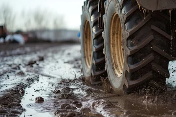Foto op Plexiglas A tractor driving with mud underneath its wheels. Environmental awareness. Climate. A tire of the tractor in mud. Machinery. A truck in dirt. Farm. Drips of mud under the wheel. Muddy field. Splashes © grooveisintheheart