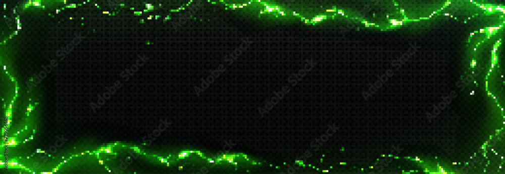 Poster frame border made of green bright lightning and fog. realistic vector background with neon glowing t