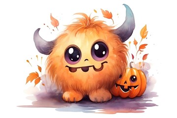 Cute cartoon monster with halloween pumpkin. Watercolor illustration