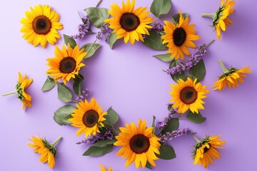 Frame made of beautiful sunflowers on soft purple background, with space for text concept of Mother Day, Women Day
