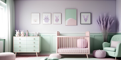 Whimsical Wonder: Scandinavian-inspired Baby Room Adorned with Baby Pink, Soft Lavender, and Mint Green Shades, Creating a Calm Atmosphere