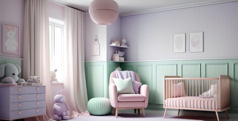 Nordic Nursery Delight: Baby Room Infused with Scandinavian Inspiration, Featuring Baby Pink, Soft Lavender, and Mint Green Hues