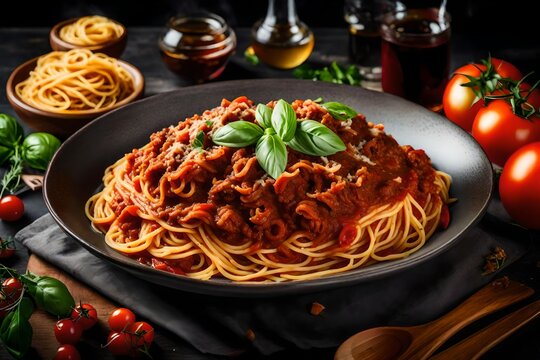 Classic spaghetti bolognese meal with rich beef sauce and twisted pasta.