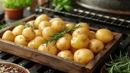Naklejka na ściany i meble photo of a wooden basket filled with fresh potatoes on a wooden table with a kitchen and grill in the background