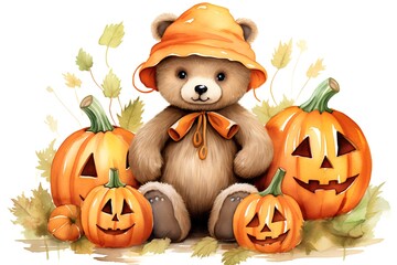 Halloween teddy bear with pumpkins. Watercolor illustration.