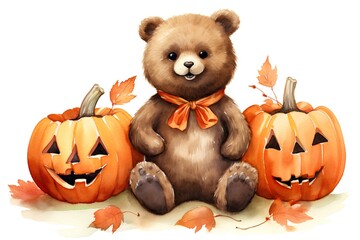 Halloween bear with pumpkins. Watercolor illustration on white background.