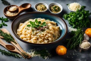 A bowl of creamy risotto adorned with colorful herbs and parmesan shavings 