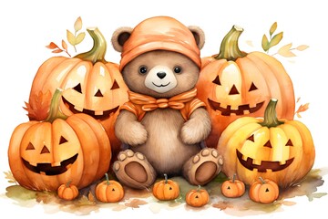 cartoon halloween illustration with teddy bear, pumpkins and autumn leaves