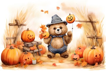 Cute bear in a hat with pumpkins and autumn leaves.