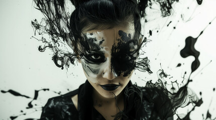 Artistic woman with dramatic black ink splashes.