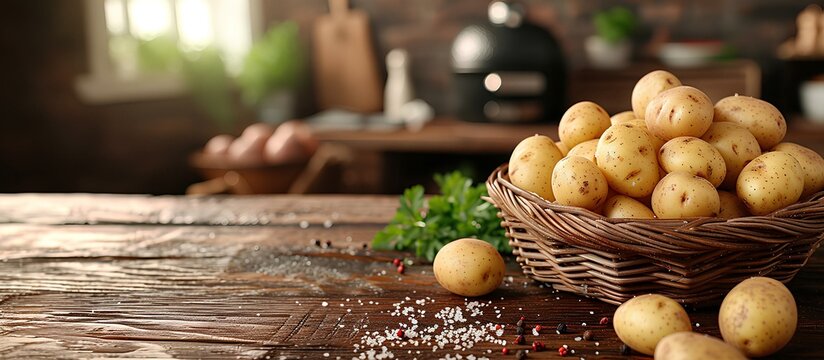 photo of a wooden basket filled with fresh potatoes on a wooden table with a kitchen and grill in the background