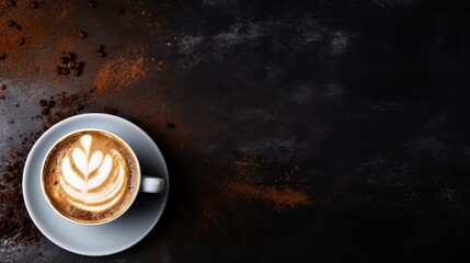 Glass filled with latte and delicately sprinkled with cinnamon rests against a black background. - obrazy, fototapety, plakaty