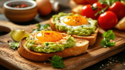 Tasty toasts with avocado and fried egg on wooden board, closeup.