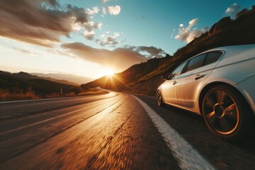 car on mountain road traveling around the world highways and sunset, tires on the asphalt road
