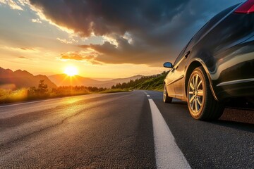 car on mountain road traveling around the world highways and sunset, tires on the asphalt road - obrazy, fototapety, plakaty