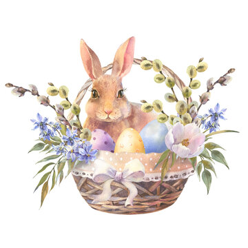 Watercolor bunny, easter rabbit in floral basket with colorful eggs, spring bunny animal illustration. Vintage style. Drawing on isolated white background for greeting cards or invitations.