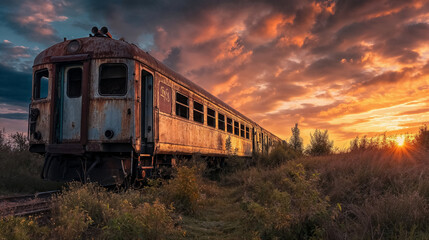 Obraz premium Derelict train carriage on tracks at sunset.