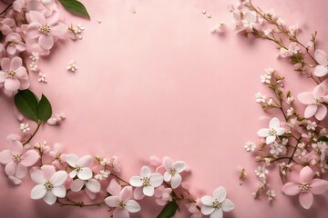  pink background with text copy space in middle with small white branch of the flower at the one side of the corner backgroun view 