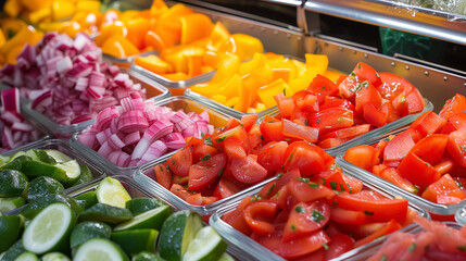 Assorted fresh cut vegetables at a salad bar.