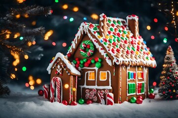 A beautiful gingerbread home decorated with candy and icing. 