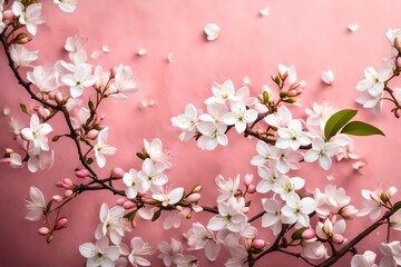  pink background with text copy space in middle with small white branch of the flower at the one side of the corner backgroun view  "Tranquil Pink Background: Serene Copy Space with Delicate White Flo