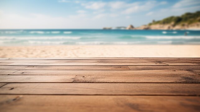 Wooden pathway lies nestled on the shore, offering a picturesque view of the sea and the expansive blue sky.