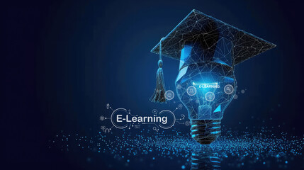 A digital illustration depicting a glowing light bulb with a graduation cap, symbolizing innovative online education and e-learning technology. - obrazy, fototapety, plakaty