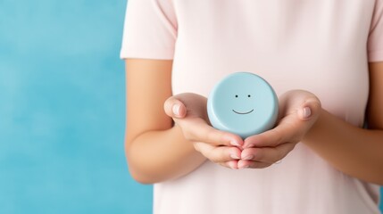 Hands grasp a blue ball featuring a cheerful face on a tranquil blue background.