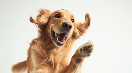 The playful antics of a fluffy golden retriever against a pristine white background