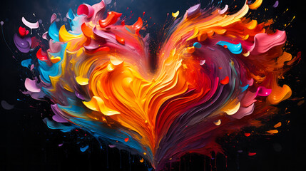 Vibrant swirls of color forming a heart, representing love and creativity, in a dynamic explosion of abstract expressionist art on a dark background