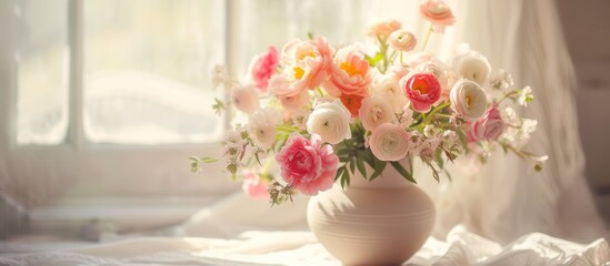 Selective focus image featuring a beige vase holding a spring bouquet of peonies and ranunculus.