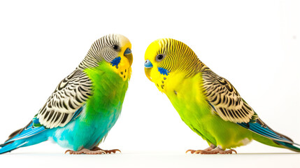 Vibrant studio photograph featuring a pair of energetic parakeets, their colorful plumage vividly showcased against a white background
