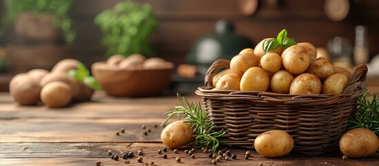 photo of a wooden basket filled with fresh potatoes on a wooden table with a kitchen and grill in the background