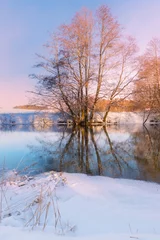 Foto auf Leinwand Golden winter sunrise on a calm snowy river bank with trees and their reflection in the water © Vitaliy