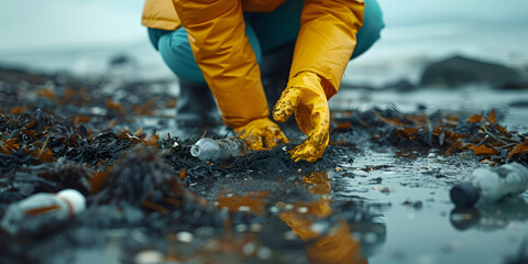 A volunteer collects garbage on a muddy beach. Close-up hand. The concept of Earth Day. Bottom view