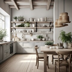 a kitchen that combines rustic charm with Scandinavian simplicity. Picture white-washed wood, open shelving, and minimalistic decor