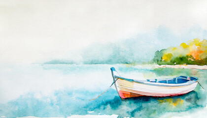 Fototapeta premium Boat on a light background. Vacation and summer holiday concept, watercolor, illustration