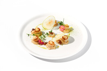 Seared Sea Scallops with Apple and Celery Puree Isolated on White